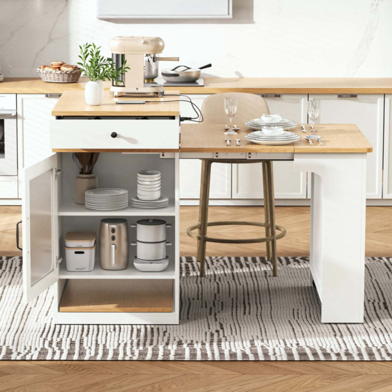 Kitchen Island With Extendable Dining Table, Kitchen Storage Table With Double-Sided Storage, Kitchen Island With 2 Drawers, Power Outlet, Side Open Shelves, For Kitchen, Dining Room