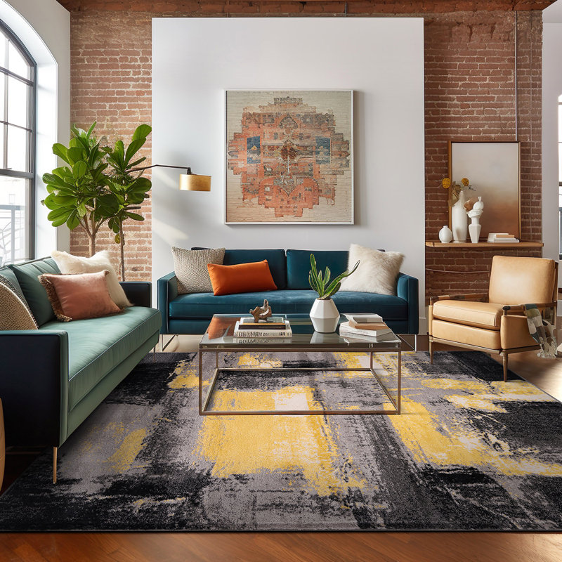 Rambo Performance Abstract Yellow/Black/Gray Area Rug, Rectangle 5' x 7'