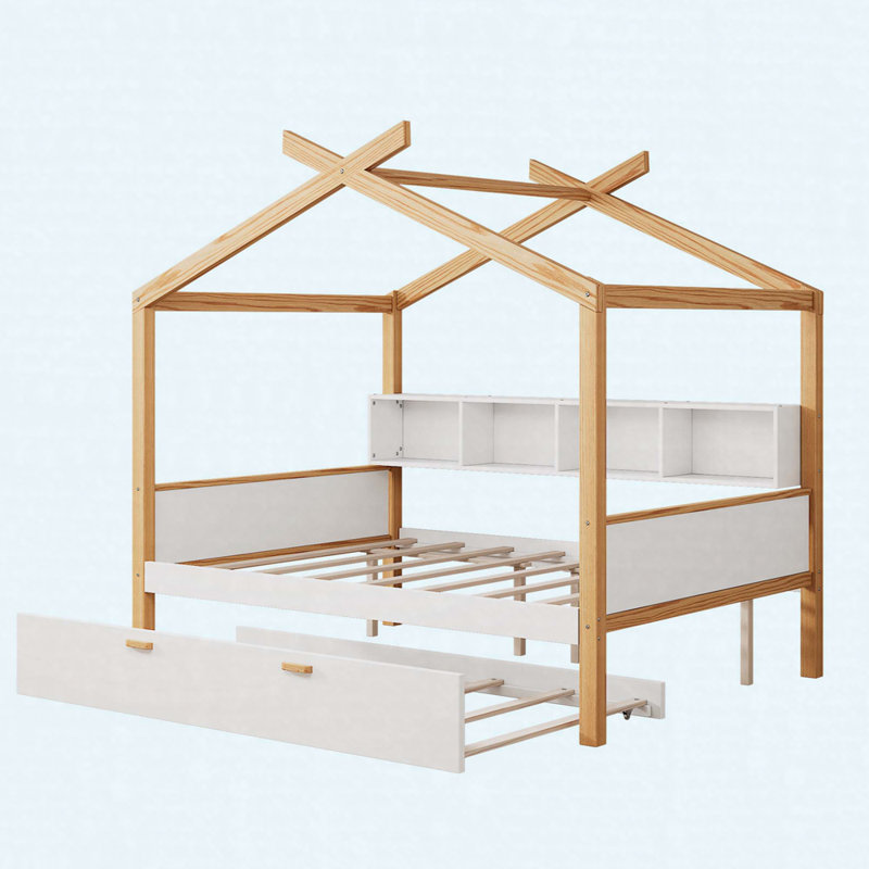 Lit double blanc avec lit gigogne et bibliothèque, structure en bois massif, Double