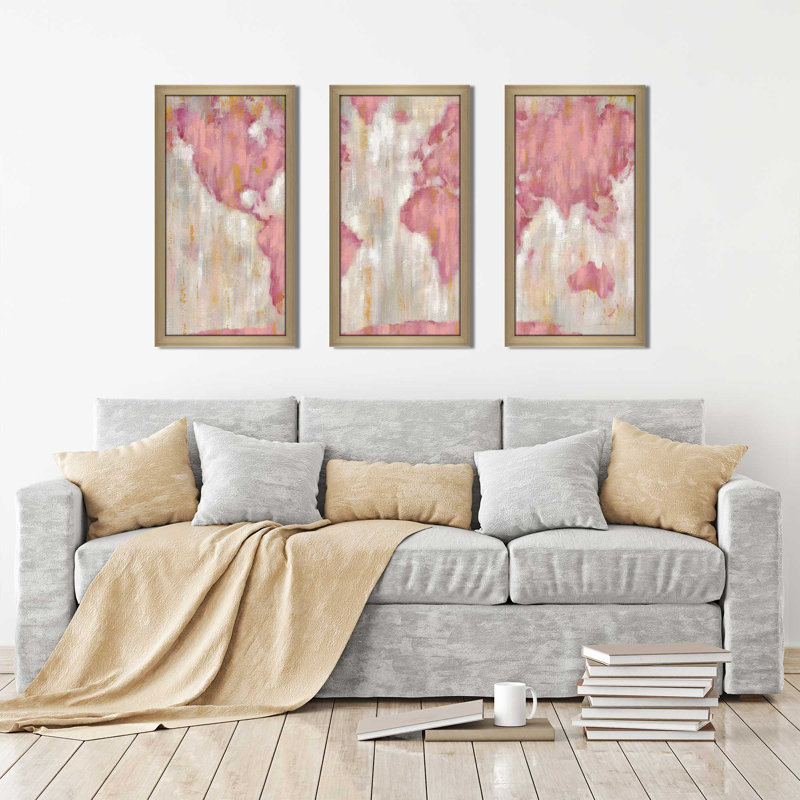 «Blush World Map v.2 Crop», reproduction de peinture acrylique à plusieurs images, L 40,5 po x H 25,5 po x P 1 po
