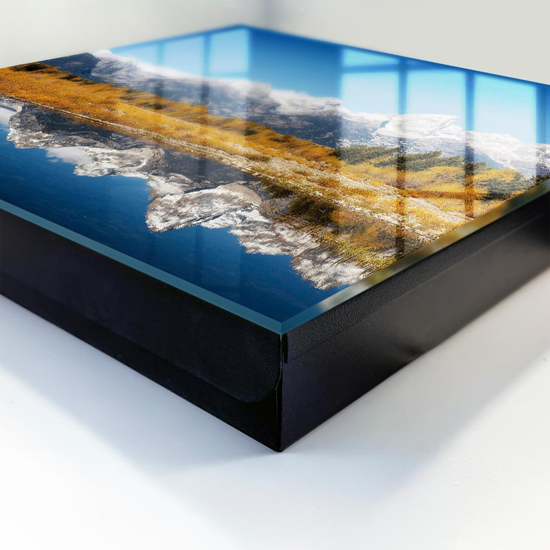 Decorative key box for wall, Opens to the left, 30x30x5, Black, Mountains in autumn reflected in the lake, 