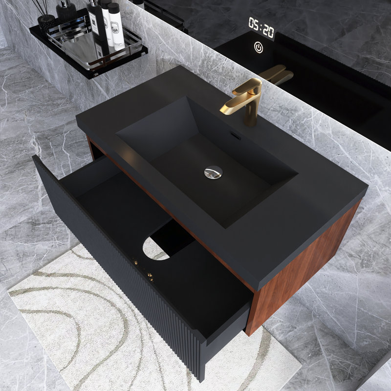 Modern Wall Mounted Striped Bathroom Vanity With Sink And Soft-Close Drawer, 35"