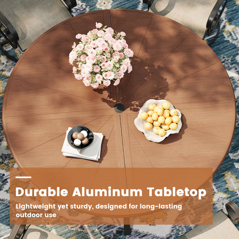 6-Person Aluminum Round Patio Dining Table, Brush Wood Brown