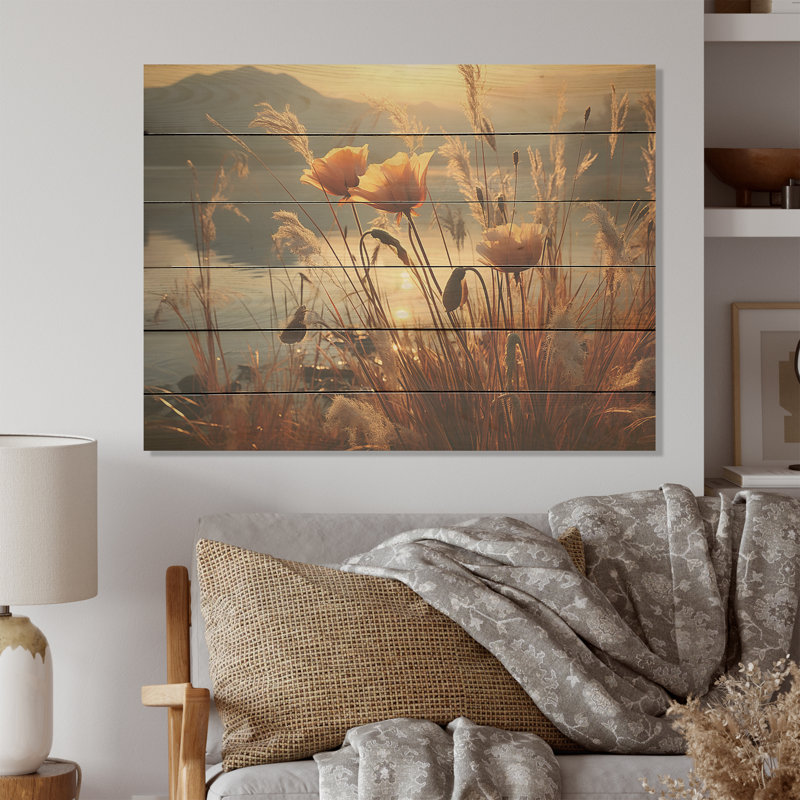 Coucher de soleil sur une fleur sauvage, art mural sur bois de pin naturel, H 24 po x l 32 po