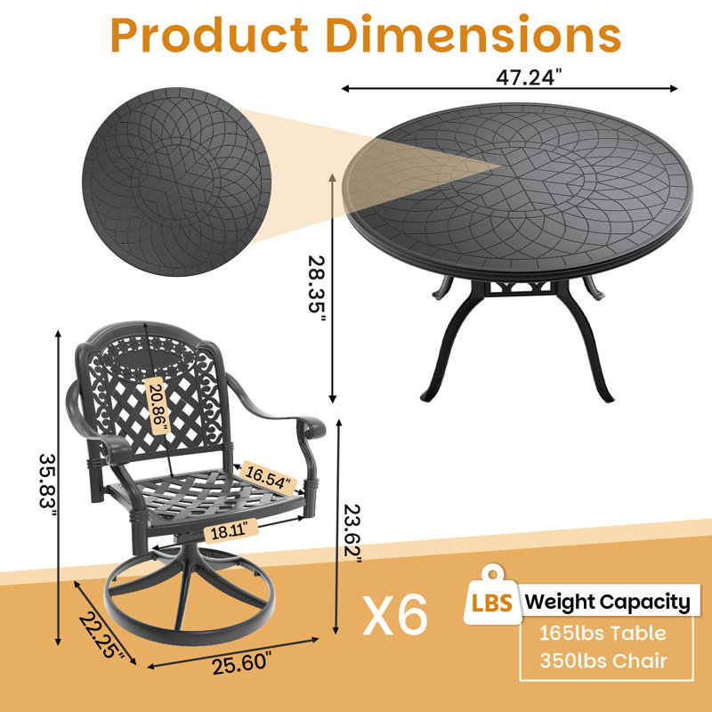 Outdoor Cast Aluminum Patio Set – Swivel Dining Chairs with Cushions & Round Table, 6