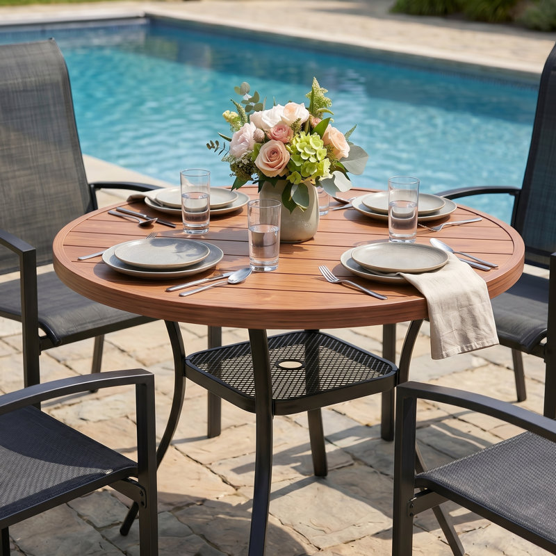 4-Person Round Patio Dining Set With Stackable Textilene Chairs, Brush Wood Brown/Black