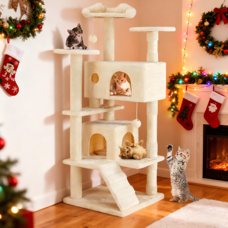 Arbre à chat 54 po H avec structure d'escalade, Beige