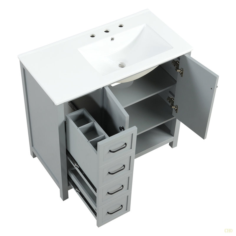 Meuble-lavabo 36 po avec comptoir d'évier, meuble-lavabo avec deux portes et deux tiroirs, bois massif, tablette ouverte, panneaux de fibres à densité moyenne, un paquet