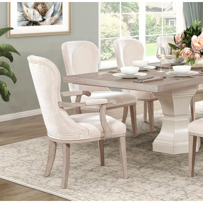 Traditional Elegance Armchairs Set Of 2 Ivory Fabric Upholstery Durable Cushion Seat Back Classic Design Comfort Dining Furniture