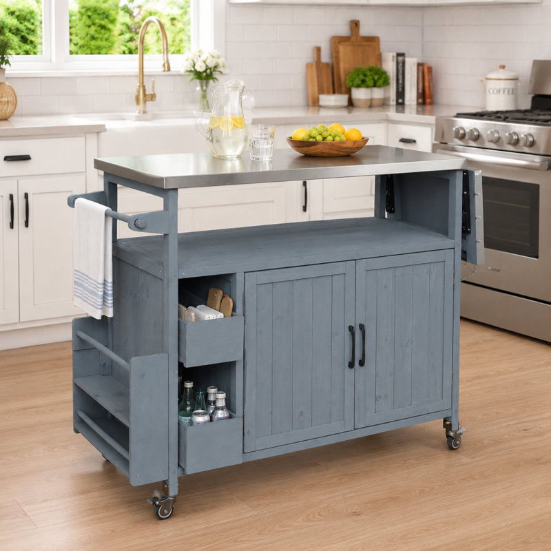 Chariot de cuisine extérieur en bois massif 54 pouces avec plateau en acier inoxydable, Grey