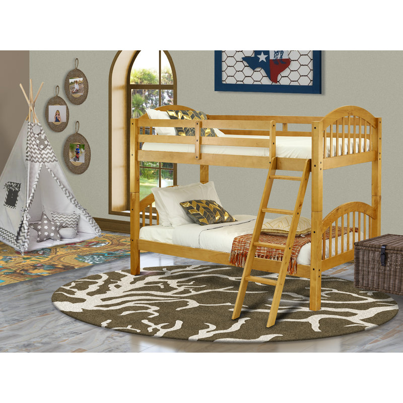 Lits superposés en bois véritable simple sur simple avec échelle à 4 marches et barrière de sécurité, finition chêne.