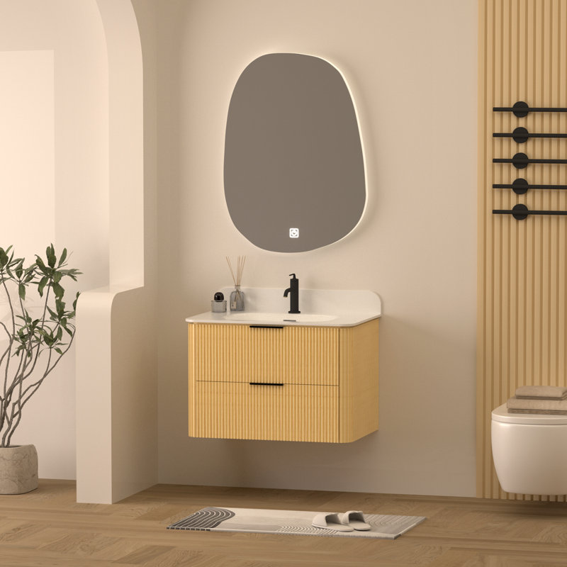Meuble-lavabo mural en bois massif de 30 po avec lavabo et dosseret en acrylique simple, Chêne naturel / noir mat