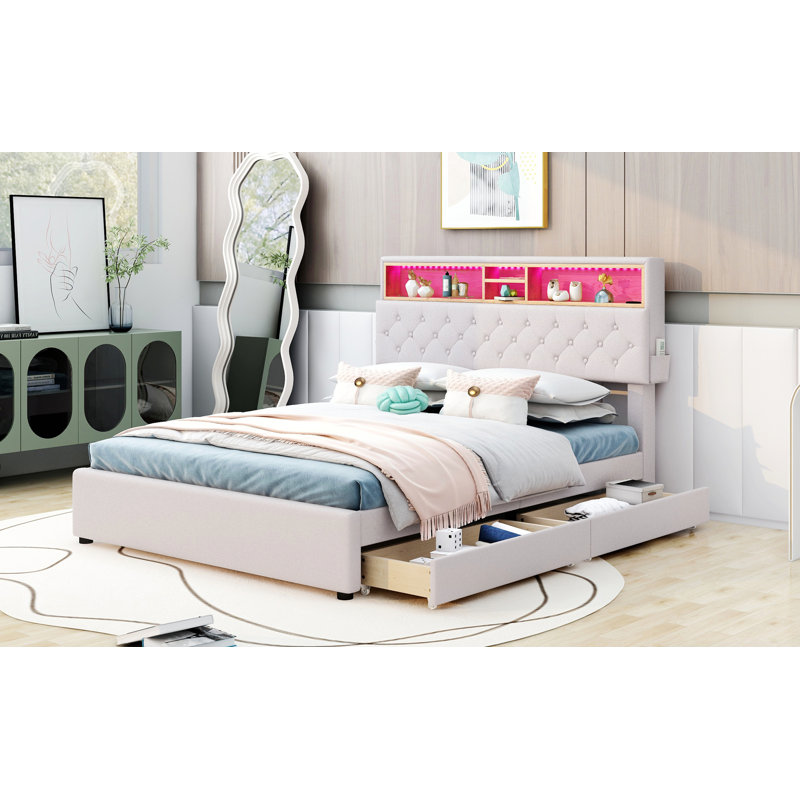 Ingry Ulani Upholstered Platform Bed with Storage Headboard, LED, USB Charging and 2 Drawers, Full, Beige