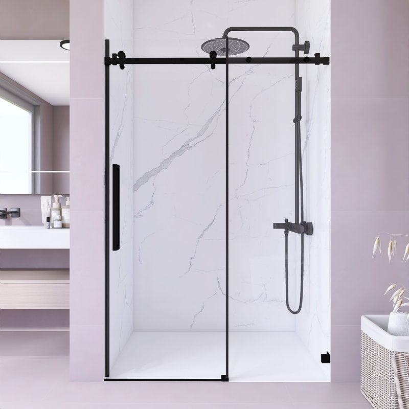 Porte de douche coulissante simple sans cadre de 44 po à l 48 po x H 72 po avec verre trempé transparent de 1/4 po (6 mm) d'épaisseur, revêtement facile à nettoyer, quincaillerie en acier inoxydable