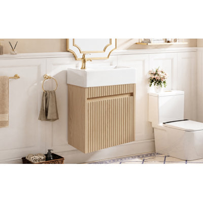 Meuble-lavabo flottant 18,5 po avec lavabo et porte en résine gauche / droite, bois, armoire en panneau de fibres à densité moyenne, charnières à fermeture en douceur sans poignée