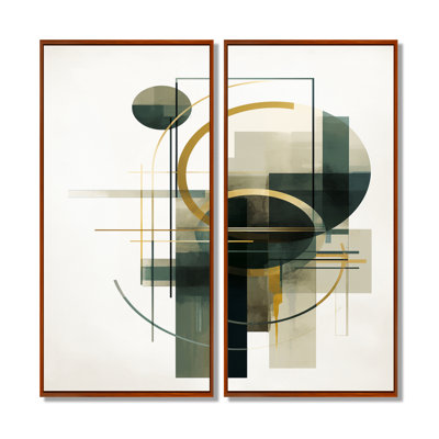 Emerald Gold Retro Geometrics - Minimalism Canvas Art, Green Abstract Wall Art 2 Panel
