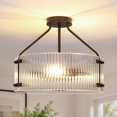 Plafonnier semi-encastré 3 lumières en verre nervuré moderne