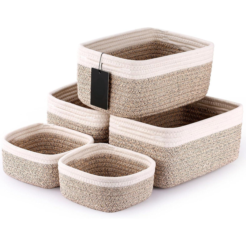 5 Pack Small Woven Rope Storage Baskets， 2 Sizes Organizer Bins For Closet, Shelf, Bookshelf, Nursery, Changing Table, Fabric Cube Boxes, Rectangular Shallow Bins For Bathroom, Toy ， Home