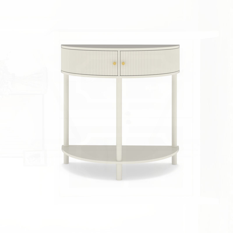 Artisan-Crafted Wave-Pattern Demi-Lune Console Table with Creamy White Finish, White