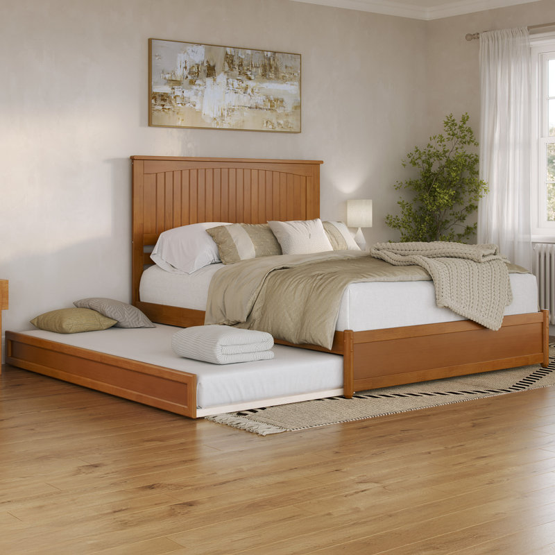 Darlean Solid Wood Trundle Platform Bed with Footboard & Roll Out Trundle, Queen, Light Toffee