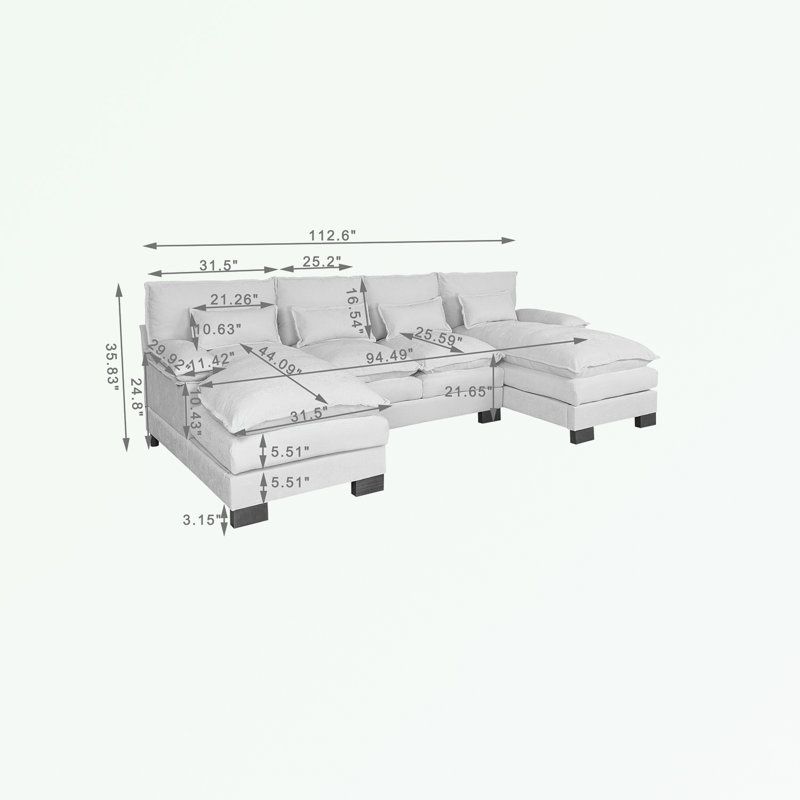 U-shape sectionals Sofa with 2 ottomans and soft cushion, Black Chenille