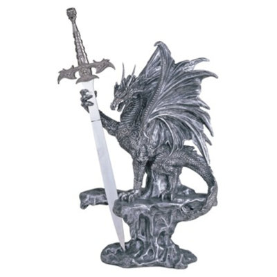 12"H Medieval Silver Dragon Standing on Rock with Sword Guardian Figurine