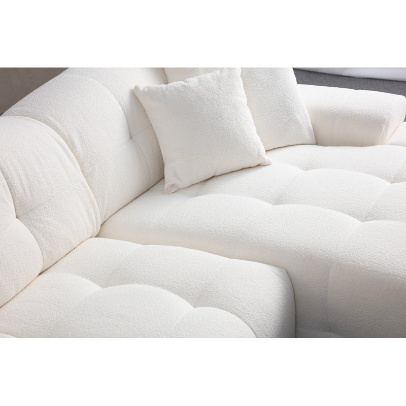 Elegant Corner Sofa, White, 124.8 x 65.0 x 32.7 inches | Sturdy Beech Wood & Chipboard Frame, 100% Polyester Fabric | Soft Grey Foam & Feather Back, 3 Pillows Included | Modern Design for Living Room Comfort