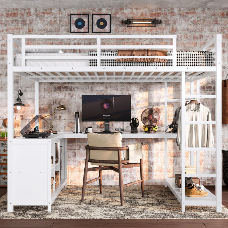 Full Size Metal Loft Bed with Wardrobe, L-Shaped Desk, Storage Cubes & Shelves for Kids, Teens & Adults, White, Full
