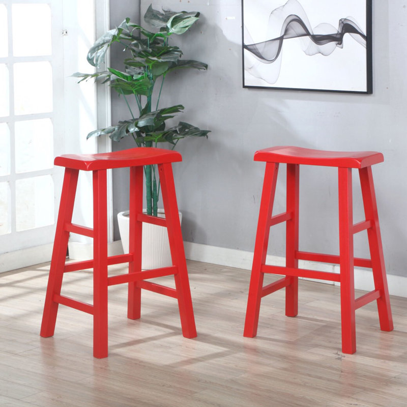 Messer Heavy-Duty Solid Hardwood Saddle Seat Kitchen Bar Stool & Counter Stool, 29", Red (Set of 2), Red, 2