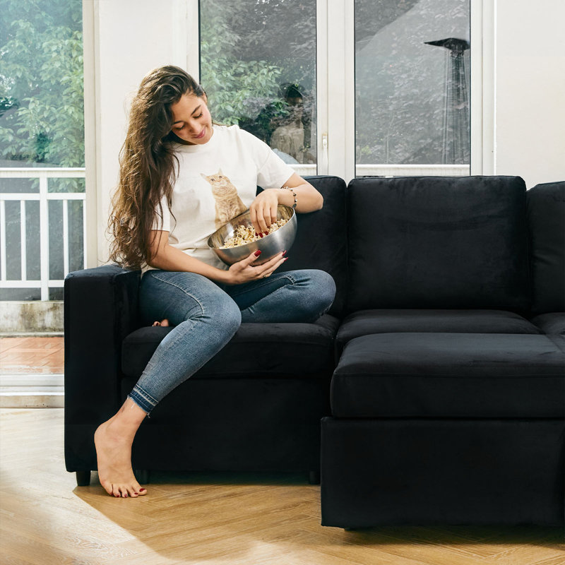 L-Shaped Modular Sleeper Sectional, Velvet - Black