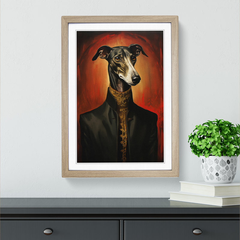 Greyhound Gothic - Single Picture Frame Print on Wood, Oak, 34cm H x 25cm W x 2cm D