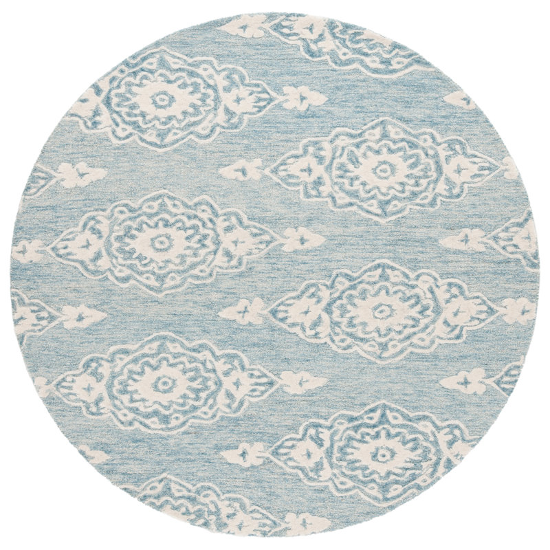 Tapis en laine / coton touffeté à la main ébène en ivoire / bleu clair, Rond 6 pi