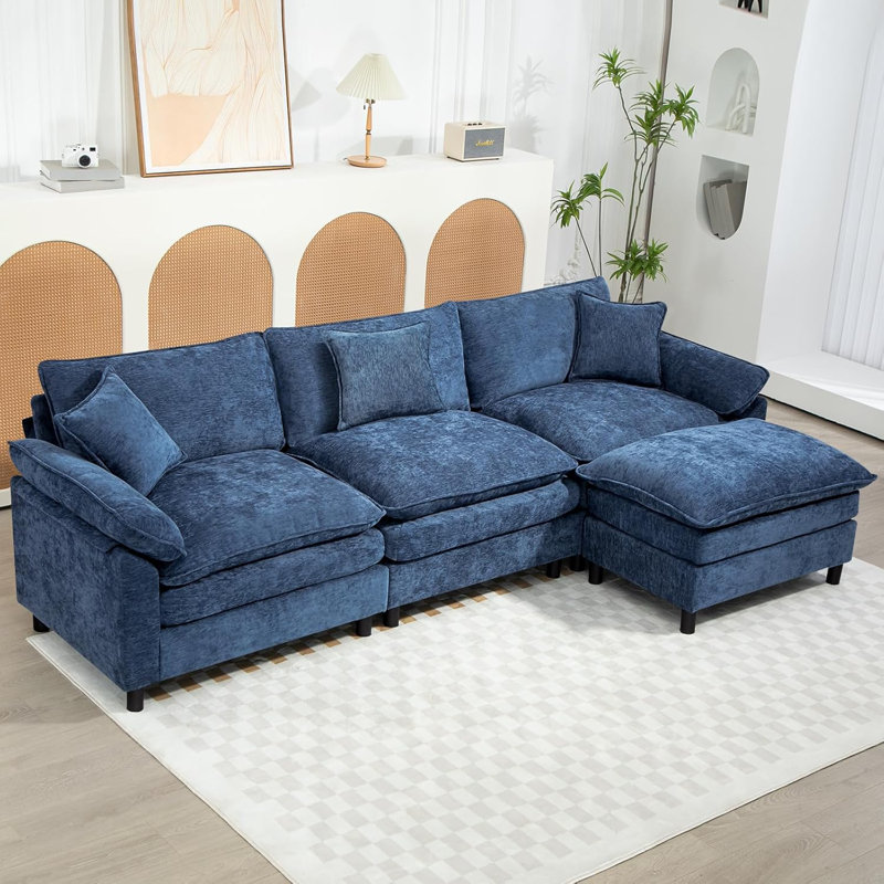 Canapé modulaire rembourré en L avec repose-pieds, Chenille bleu, H 34,6 po x l 111,8 po x P 57,8 po
