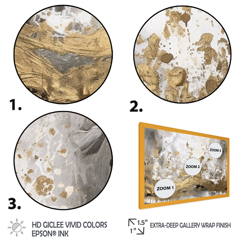 Art moderne abstrait blanc et or - art mural abstrait, Encadrement doré, H 34 po x l 44 po x P 1,5 po