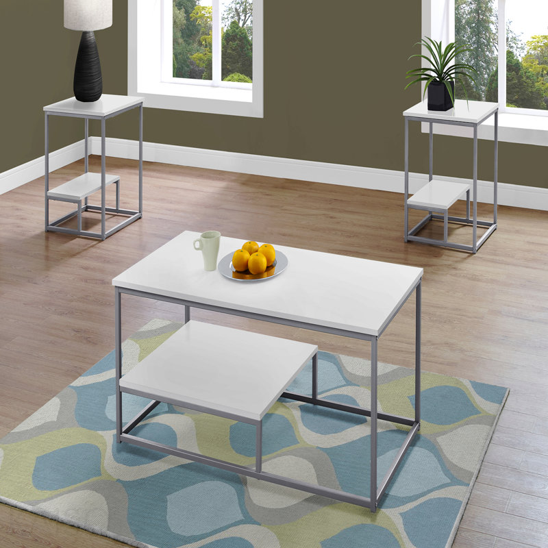 Ensemble de 3 tables basses en stratifié brun et métal noir, White Top/Gray Base