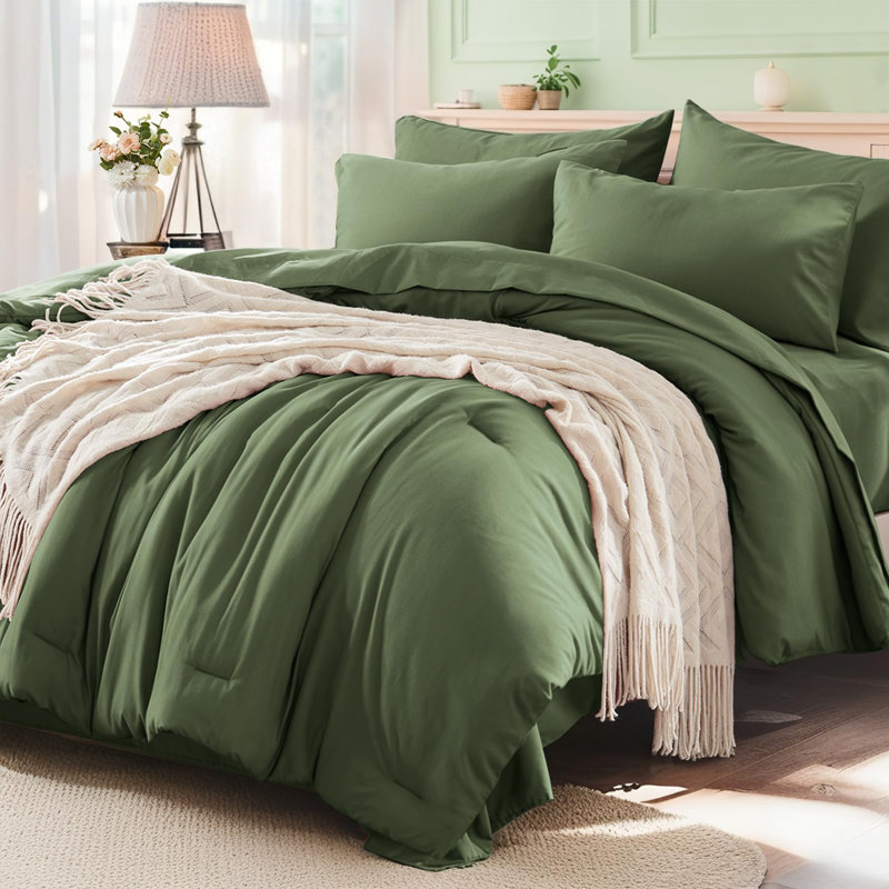 Comforter Set 7 Pieces, Queen Comforter + 6 Additional Pieces, Olive Green