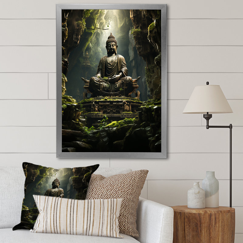 Sentiers illuminés, bouddhisme au temple I, H 32 po x l 24 po x P 1 po, Cadre simple argenté