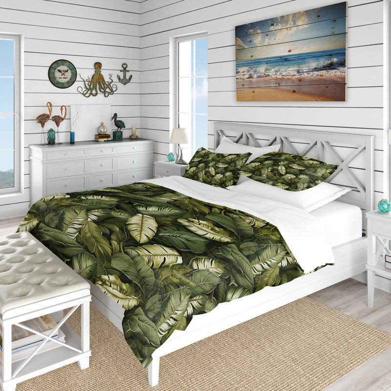 Literie verte à motif de feuilles de bananier vert, Housse de couette pour grand lit et 2 taies décor
