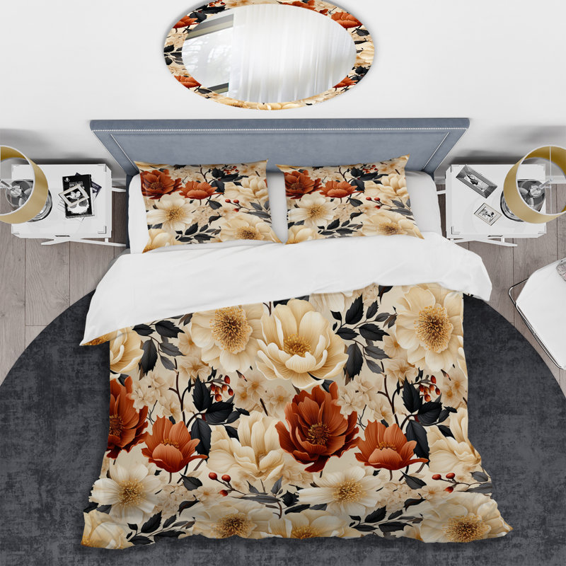 Automne Boho Chic Poppy Blooms - Ensemble de housse de couette floral - Microfibre de polyester