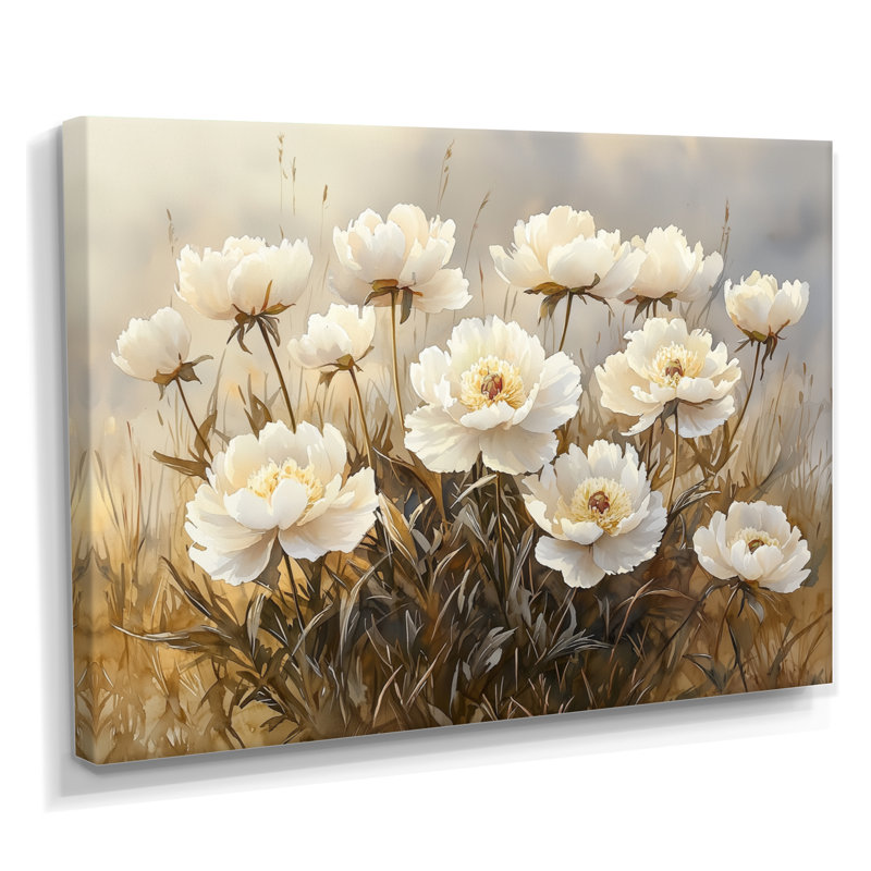 Drishti pivoines dans la brume de basse-cour II - pivoines, art mural large, H 12 po x l 20 po, Toile tendue