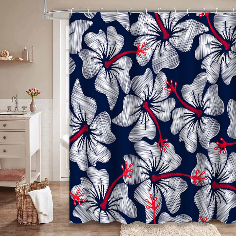 White Hibiscus Tropical Floral Navy Shower Curtain with 12 Hooks, 72" L x 84" W