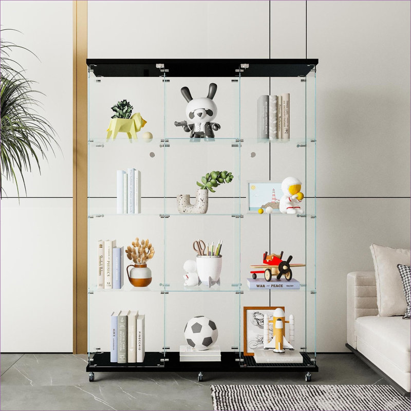 Armoires | Très grande vitrine moderne à 4 tablettes au sol pour bureau de chambre à coucher | Noir | Verre trempé