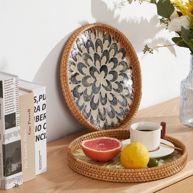 Round Rattan Tray with Mother of Pearl Inlay and Wooden Base
