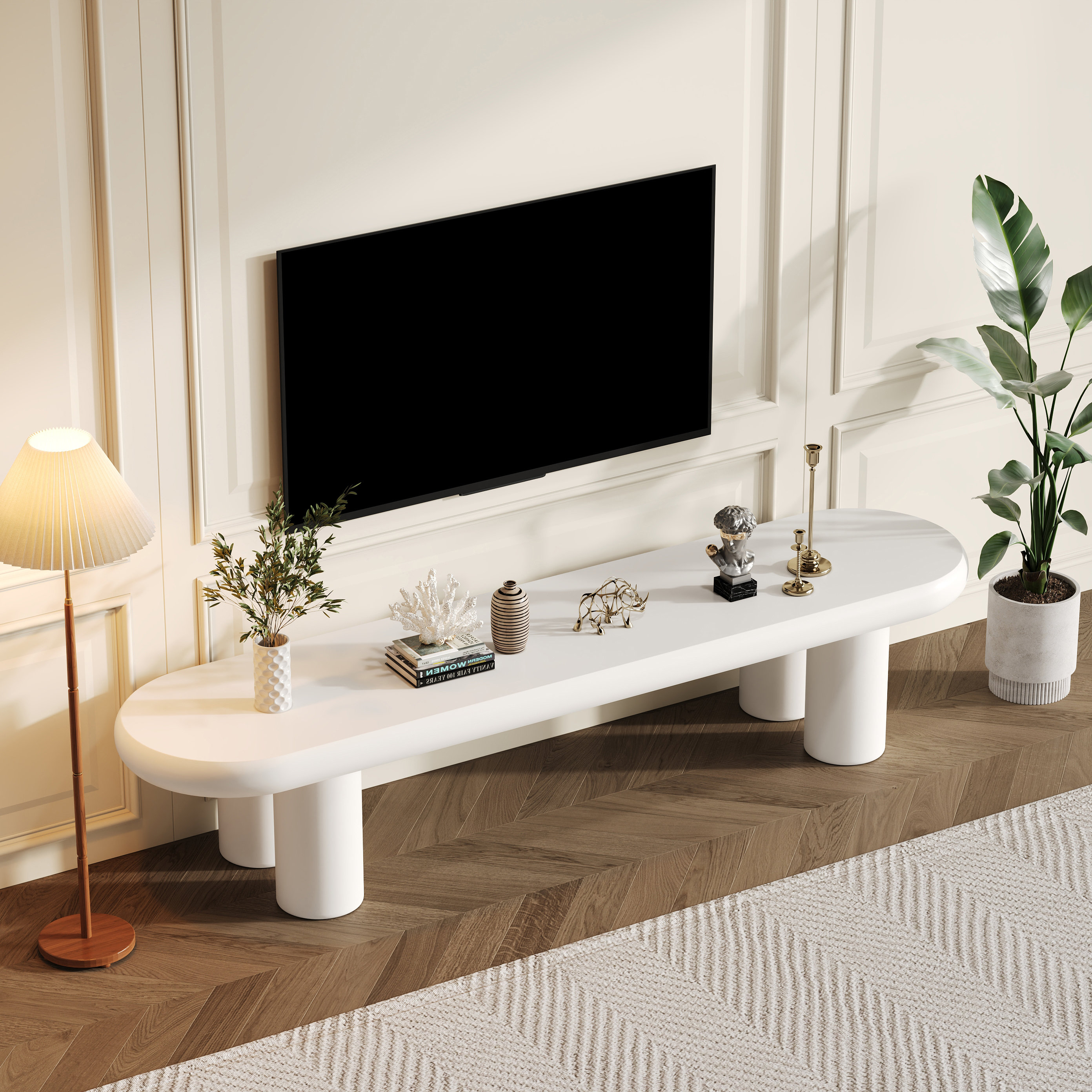 Metro Lane Modern White Tv Stand With Rounded Edges - Slim Media Unit ...