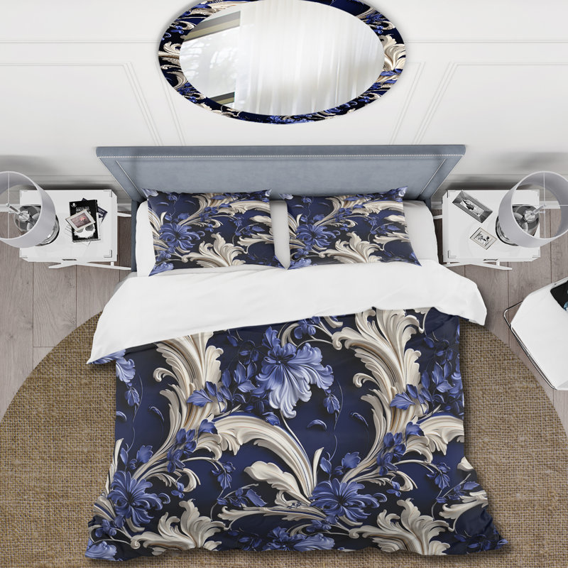 Ensemble de housse de couette Cobalt Blue Baroque Scrolls Victorian, Housse de couette pour très grand lit et 2 très