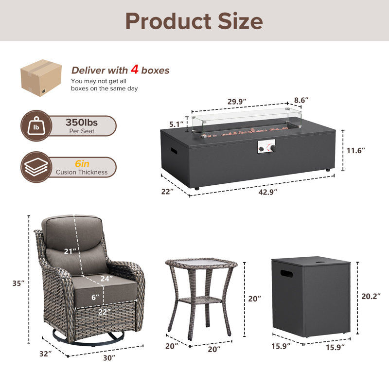Ensemble de 7 chaises pivotantes d'extérieur en résine tressée avec coussins de 15 cm et table de foyer divisée, Gris, Grey