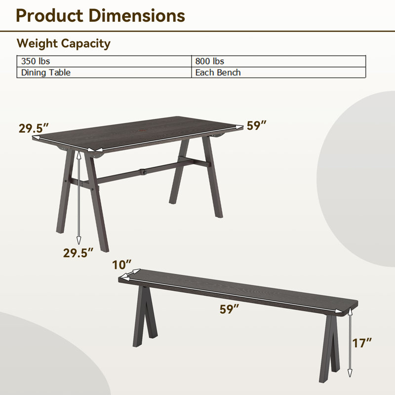 3 PCS Outdoor Picnic Table and Benches Set for 6 People 1.93'' Umbrella Hole