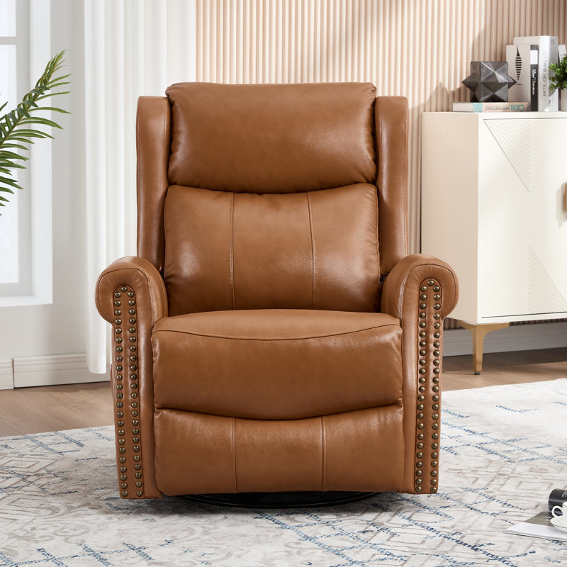 34.8"w Genuine Leather Manual Swivel Rocker Recliner Vintage Recliner With Heated Massage（set Of 2）, Caramel