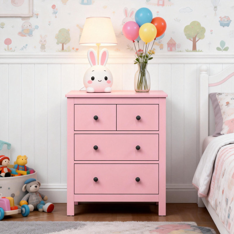 3-Drawer Nightstand, 23.6'' Wood Storage Chest, Pink
