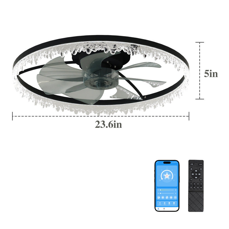 Indoor Flush Mount Ceiling Fan with Light, LED Acrylic Shade, Hidden Blades Ceiling Fan with Remote Control, 23.62 Wide